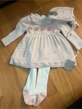 Tahari Baby Pink Knit Floral Baby Dress with Matching Hat